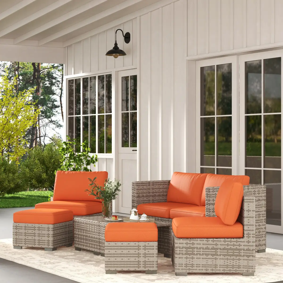 6-Seater Sofa & Coffee Table Rattan Outdoor Garden Furniture Set by Outsunny
