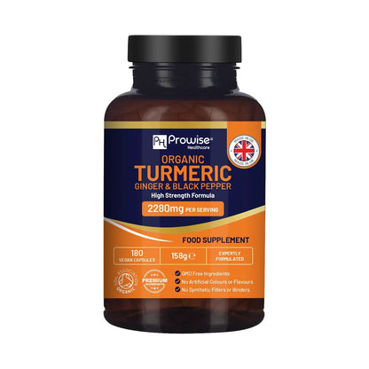 Organic Turmeric 2280mg (High Strength) with Black Pepper & Ginger - 180 Vegan Turmeric Capsules by Prowise Healthcare