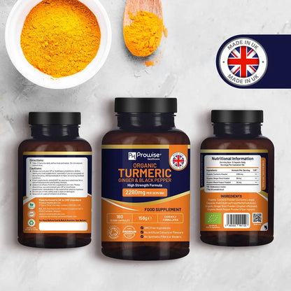 Organic Turmeric 2280mg (High Strength) with Black Pepper & Ginger - 180 Vegan Turmeric Capsules by Prowise Healthcare