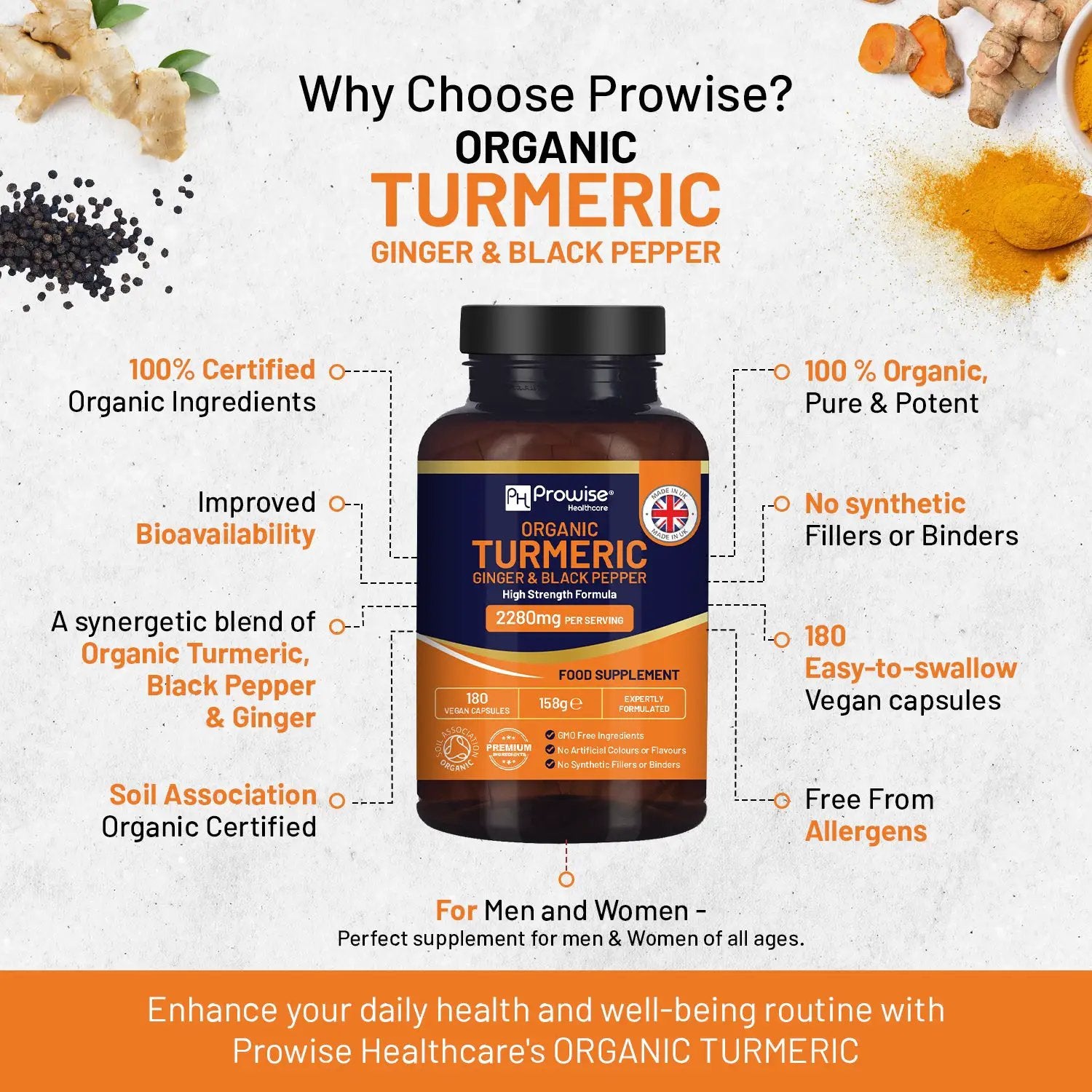 Organic Turmeric 2280mg (High Strength) with Black Pepper & Ginger - 180 Vegan Turmeric Capsules by Prowise Healthcare