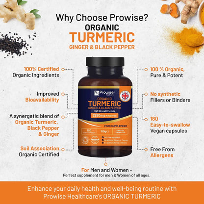 Organic Turmeric 2280mg (High Strength) with Black Pepper & Ginger - 180 Vegan Turmeric Capsules by Prowise Healthcare