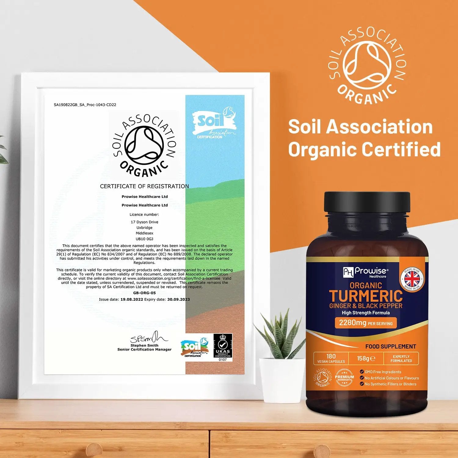 Organic Turmeric 2280mg (High Strength) with Black Pepper & Ginger - 180 Vegan Turmeric Capsules by Prowise Healthcare