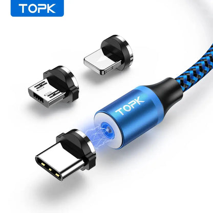 Magnetic Charging Cable 3 IN 1 TOPK 360 Rotation Magnetic Phone Charger Cable with LED Light for Micro USB Type C Cable by All Mart Bristol Ltd