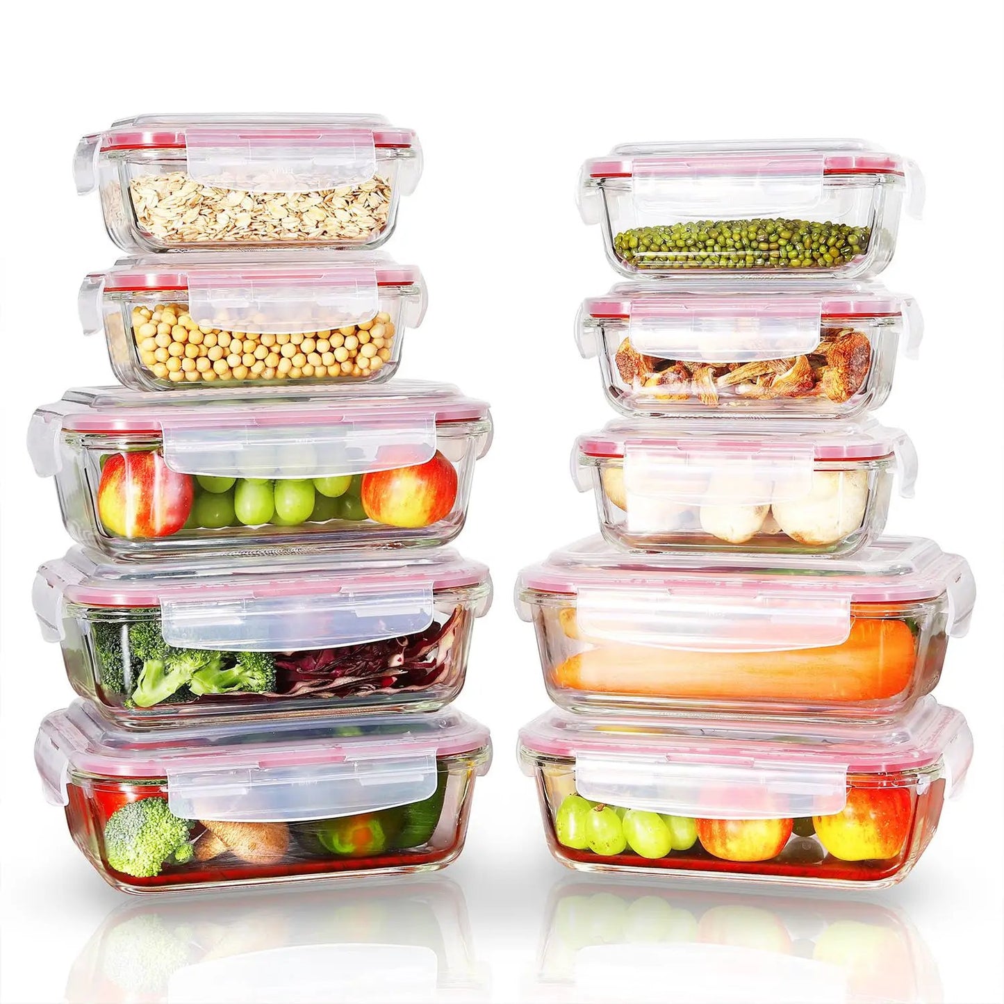 Vinsani Glass Food Storage 10-Pack Containers Rectangle Food Meal Prep Lunch Boxes with Lids Airtight Heat Resistant Leakproof Lid BPA-Free Dishwasher Microwave Oven Freezer Safe by Vinsani