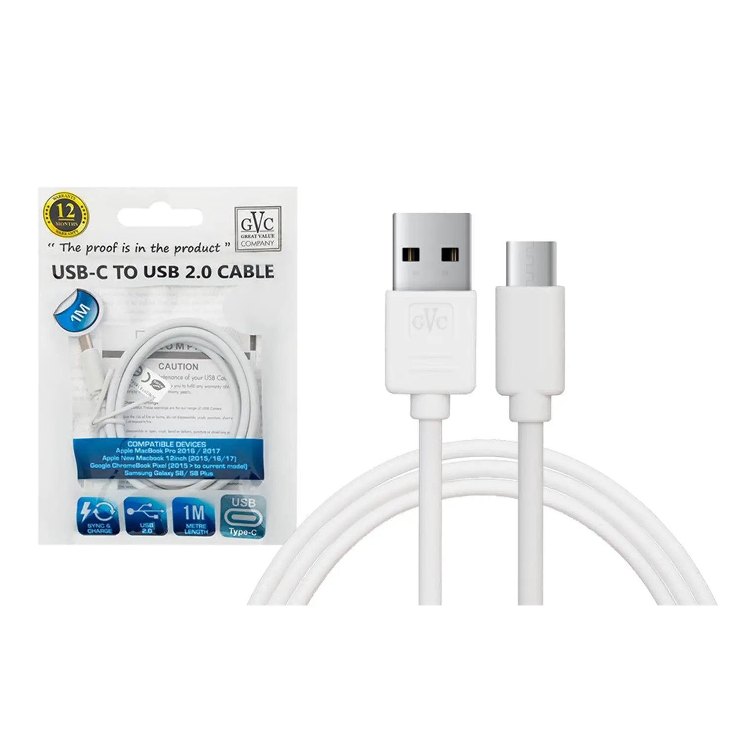 GVC USB to Type C Data Cable for Syncing & Charging, 1 Metre - White by GVC