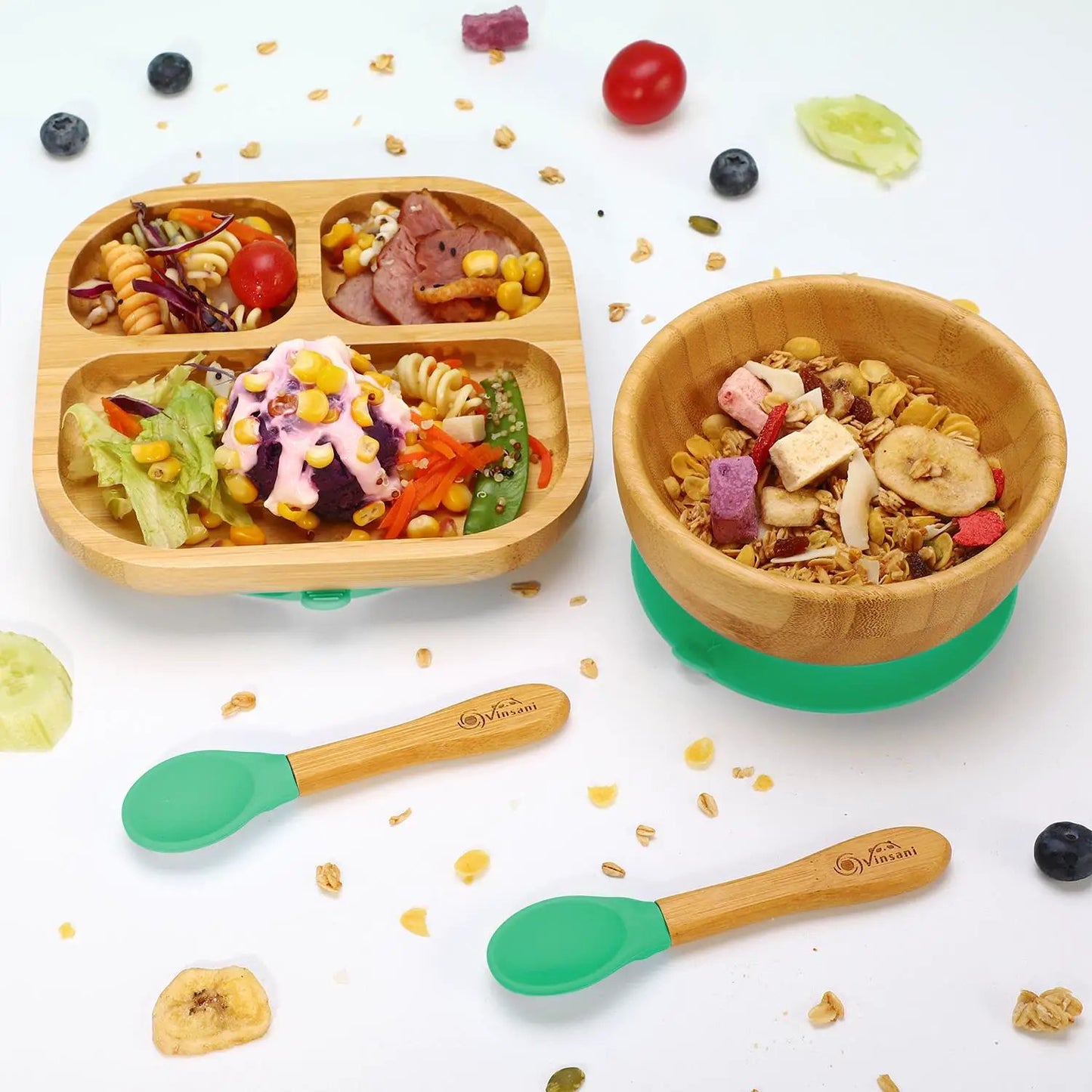 VINSANI BAMBOO BOWL, SQUARE PLATE & SPOON SET by Vinsani
