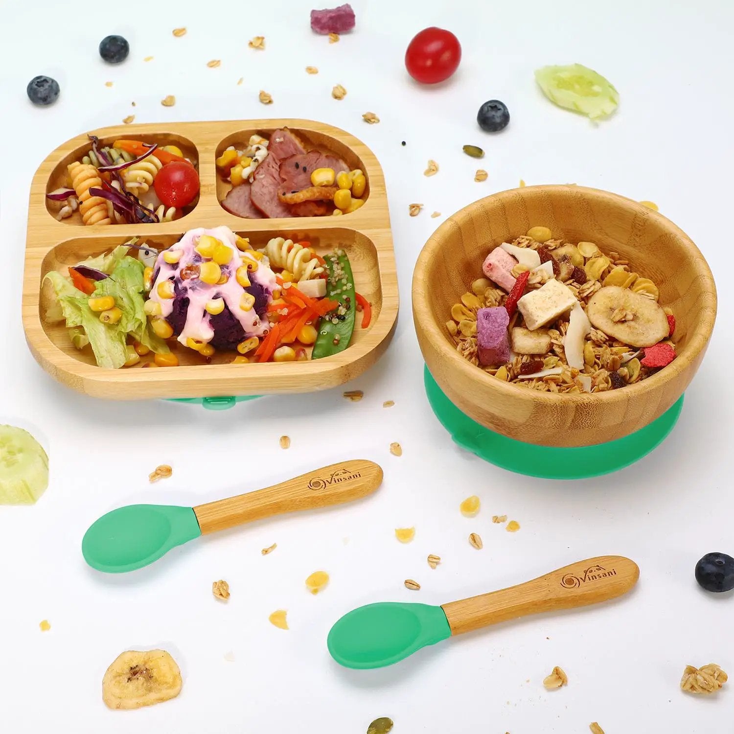 VINSANI BAMBOO BOWL, SQUARE PLATE & SPOON SET by Vinsani