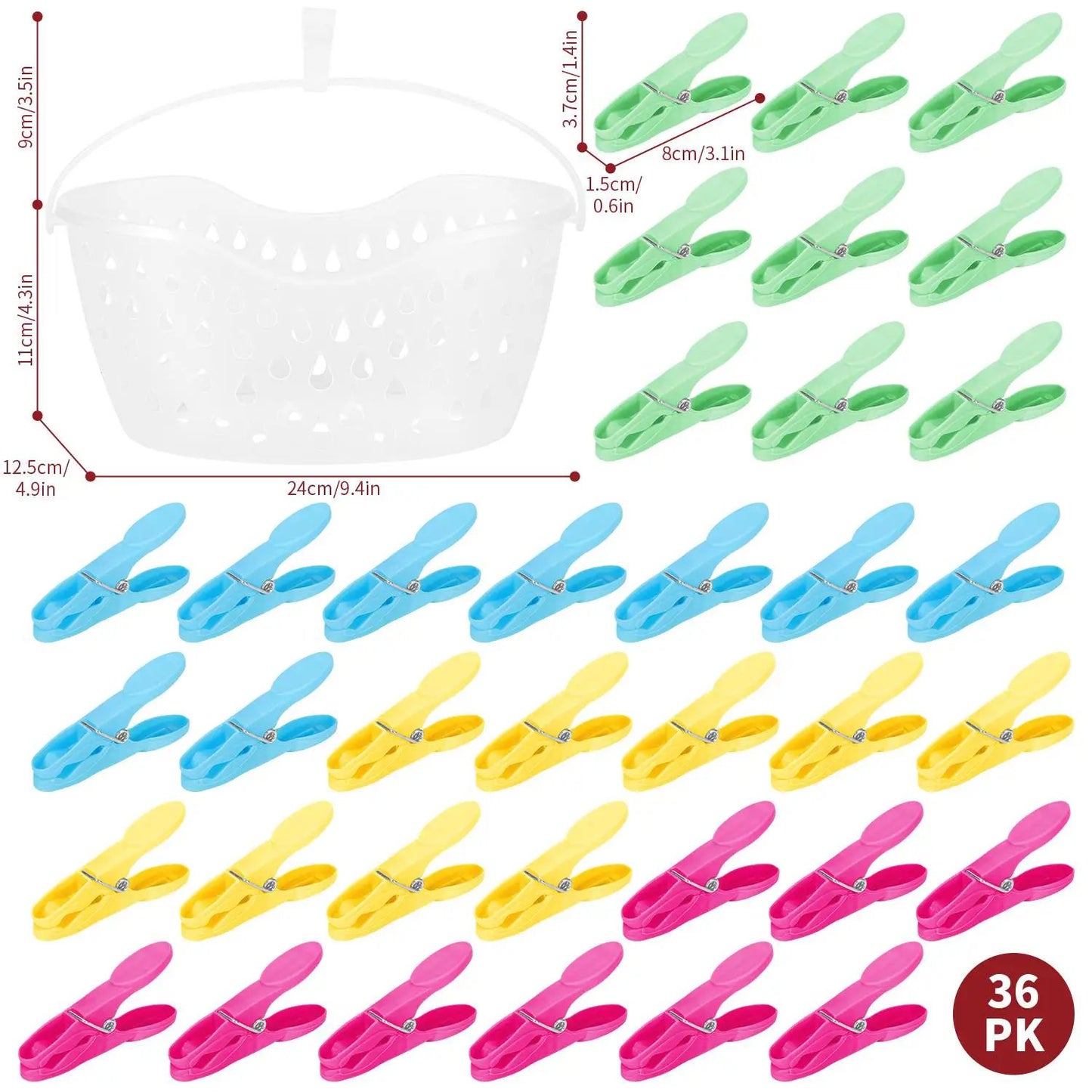 Plastic Clothes Peg Basket 36 Piece Set Multicoloured - Strong Grip by Vinsani