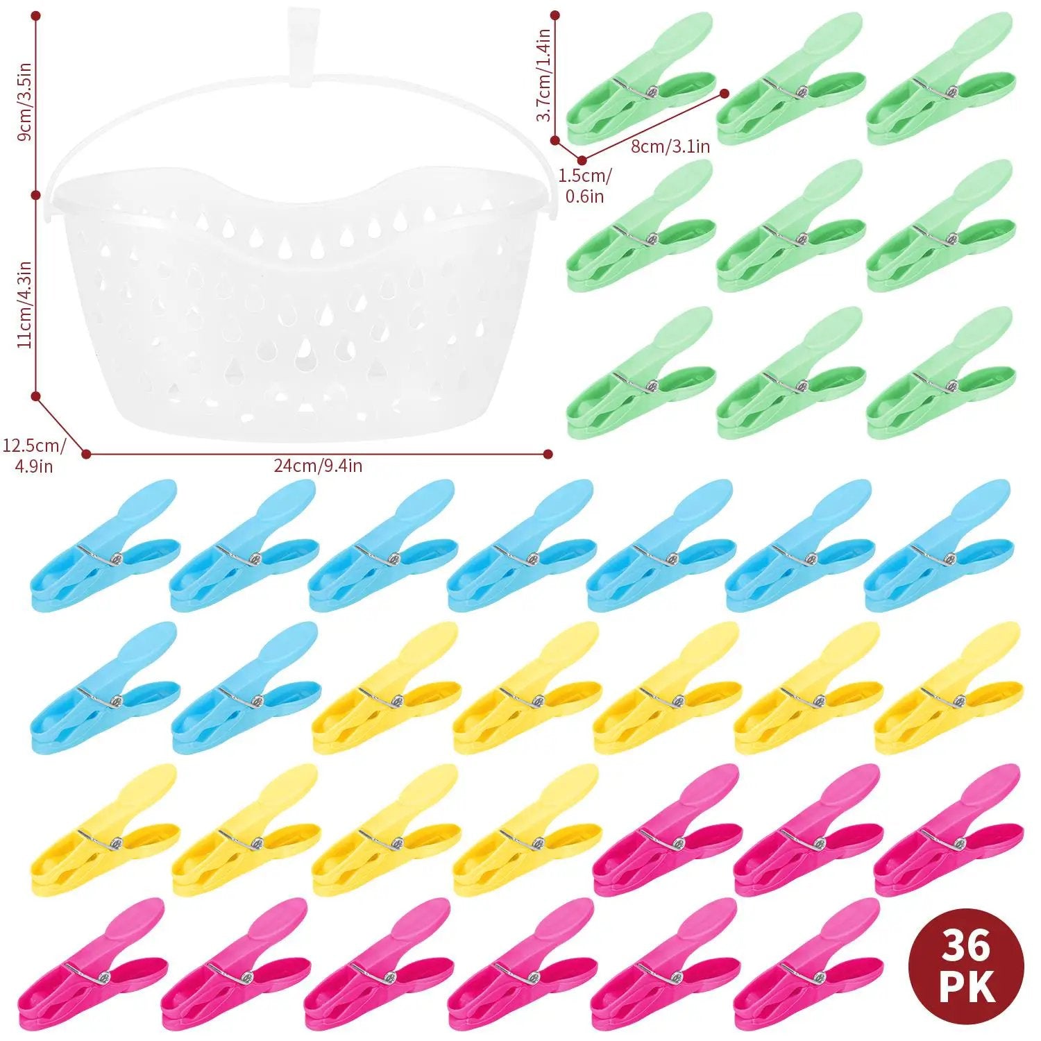 Plastic Clothes Peg Basket 36 Piece Set Multicoloured - Strong Grip by Vinsani