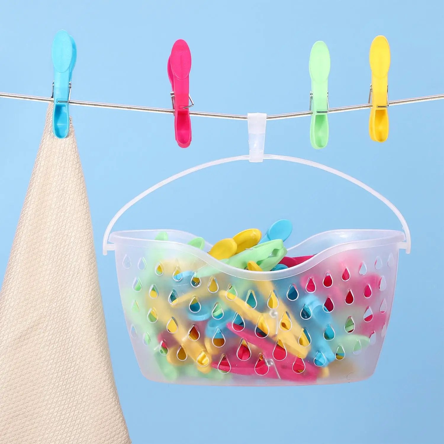 Plastic Clothes Peg Basket 36 Piece Set Multicoloured - Strong Grip by Vinsani