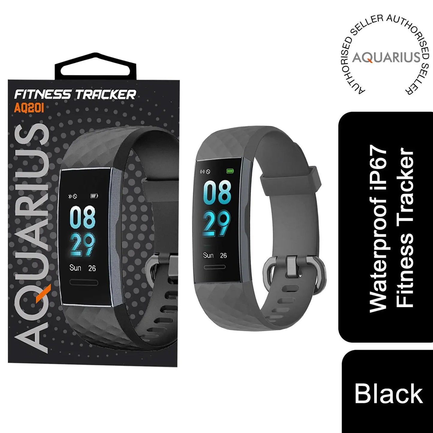 Aquarius IP67 Waterproof Bluetooth Fitness Tracker with Heart Rate Monitor and Step Counter - Black by Aquarius