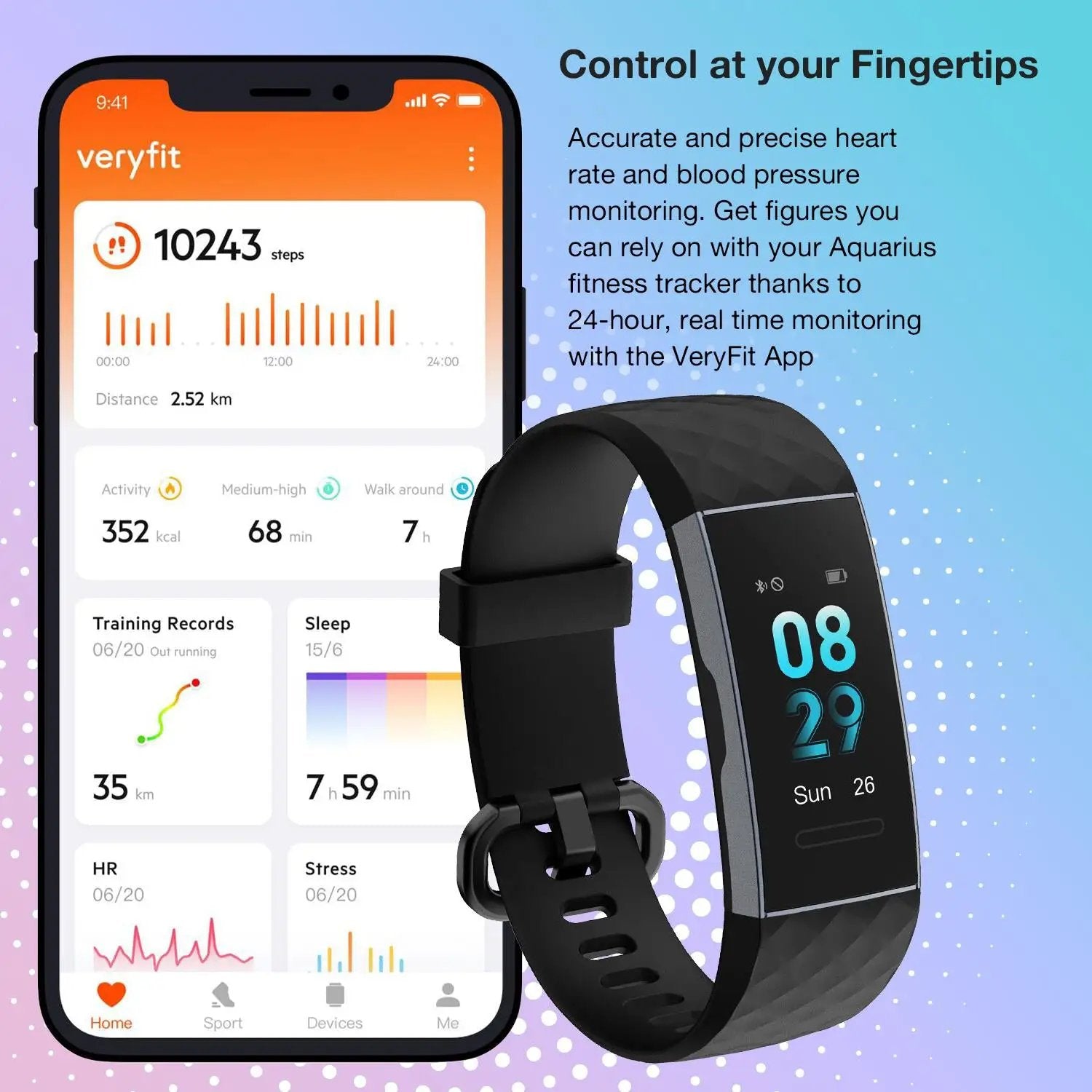 Aquarius IP67 Waterproof Bluetooth Fitness Tracker with Heart Rate Monitor and Step Counter - Black by Aquarius