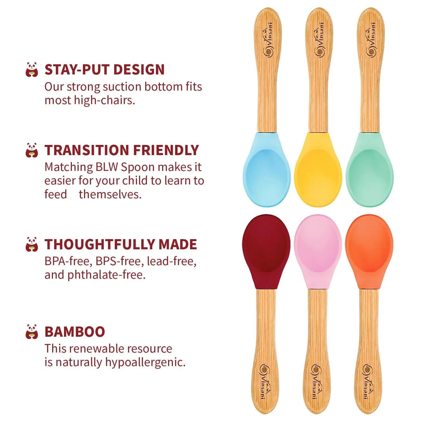 6 Pieces Bamboo and Silicone Spoon Set for Baby/Toddler Weaning by Vinsani