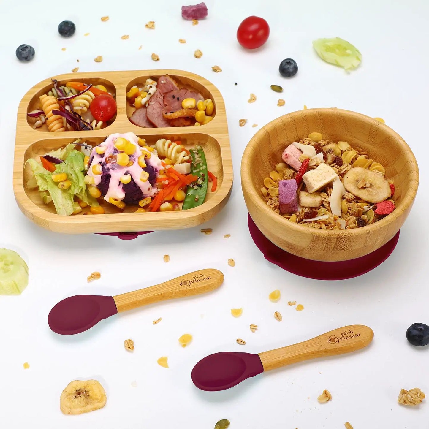 VINSANI BAMBOO BOWL, SQUARE PLATE & SPOON SET by Vinsani