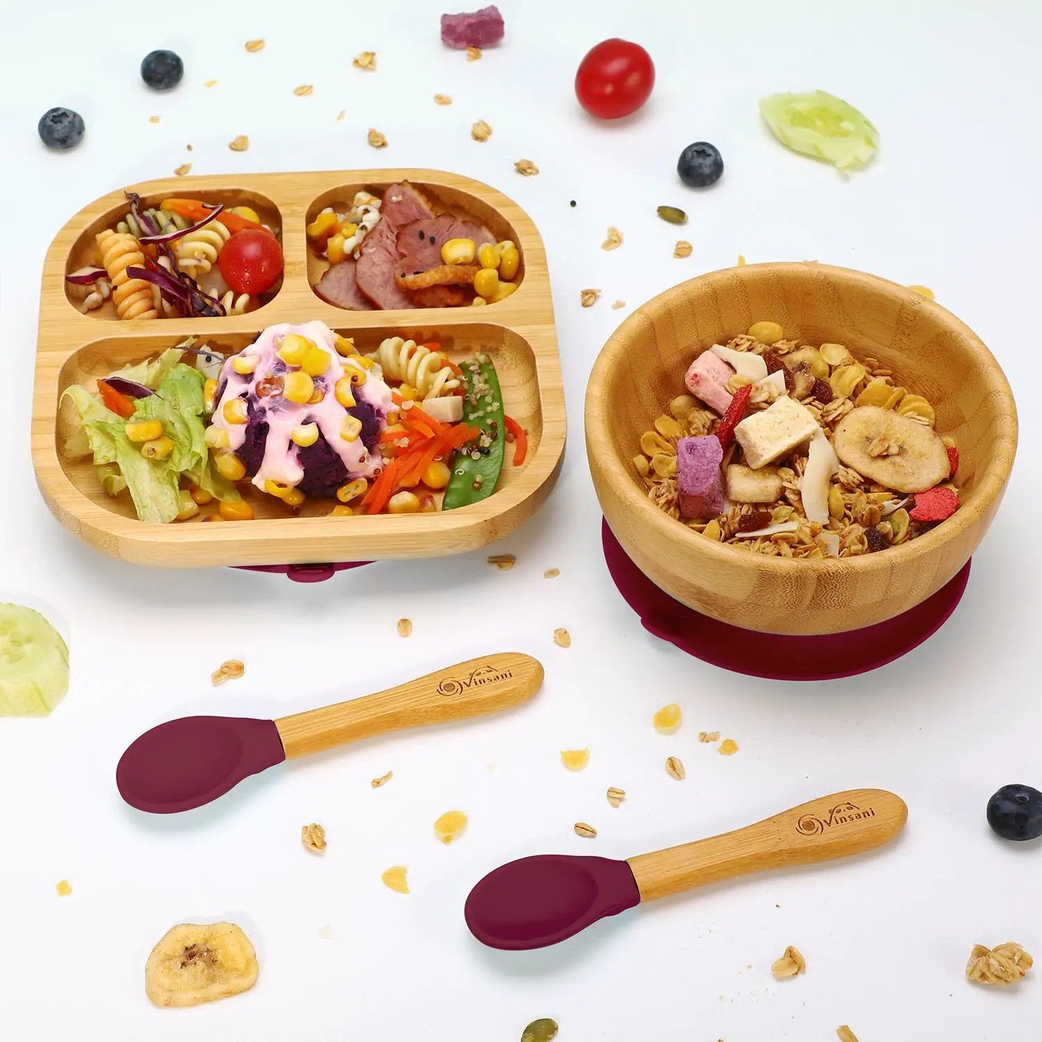 VINSANI BAMBOO BOWL, SQUARE PLATE & SPOON SET by Vinsani