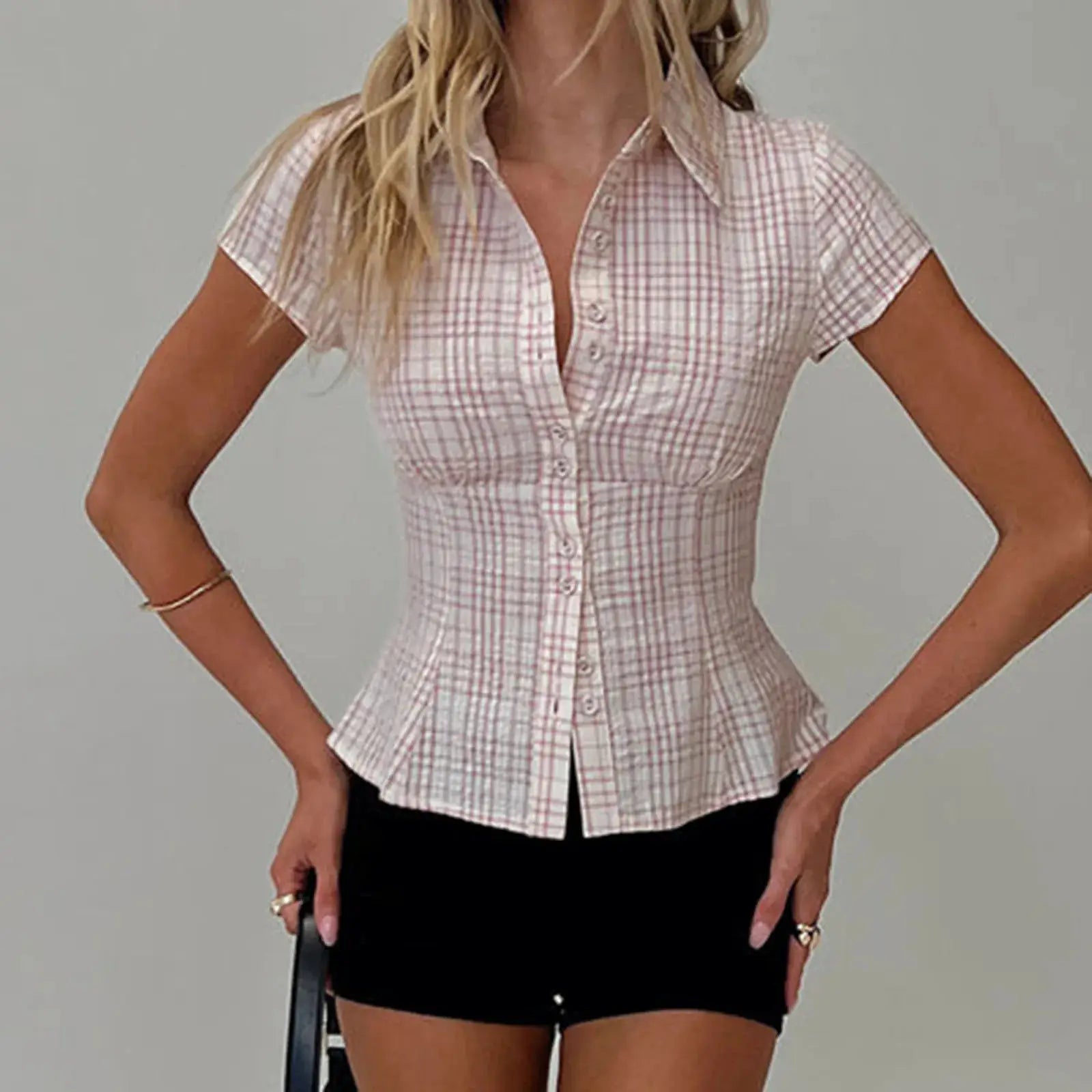 hirigin Women's Y2K Short Sleeve Plaid Button Down Shirt Button Down Blouses Tops Casual Summer Shirt Tops 90s Streetwear by All Mart Bristol Ltd