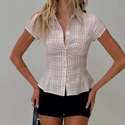 hirigin Women's Y2K Short Sleeve Plaid Button Down Shirt Button Down Blouses Tops Casual Summer Shirt Tops 90s Streetwear by All Mart Bristol Ltd