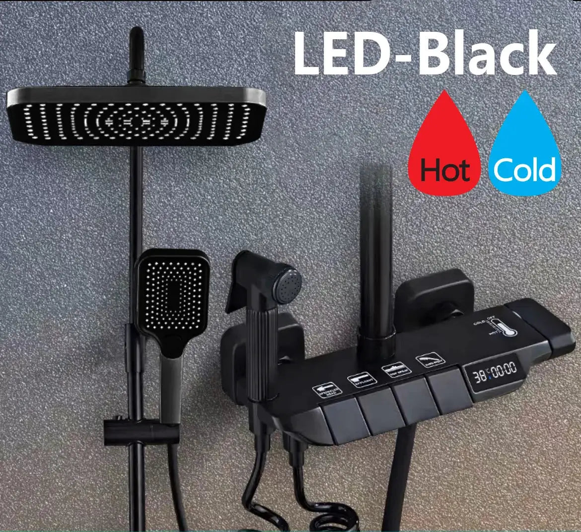 Grey Shower System Set Bathroom Digital LED Rain Showers Faucet Brass Bath Thermostat Rainfall Shower 4 Way with Bidet Taps Sets by All Mart Bristol Ltd