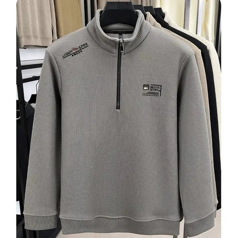 Men's Fleece Liner Sweatshirts Vintage Half Zipper Print Plaid Texture Thick Wool Warm Pullover Luxury Turtleneck Sweatshirts by All Mart Bristol Ltd
