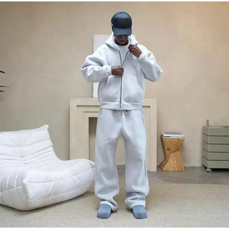 American Fashion Solid Color Fleece Oversized Sweatshirt Men's Two-Piece Y2K Harajuku Hip-Hop Gothic Joker Slacks Jogging Pants by All Mart Bristol Ltd