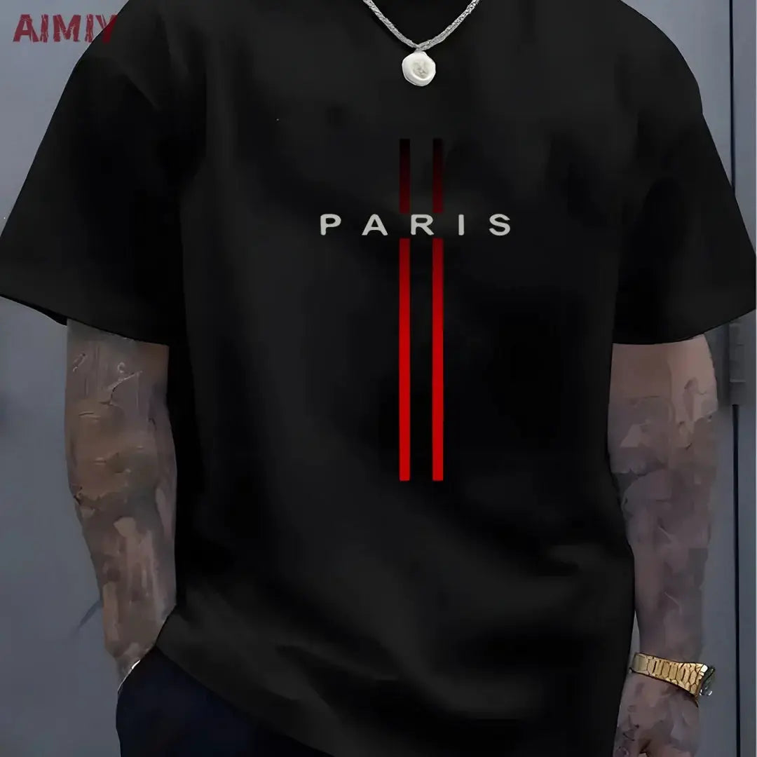 Summer Men's T-shirt Top Casual Loose Fit Oversized T-shirt PARI Letter Pattern Printed Round Neck Short Sleeved Homme Vêtement by All Mart Bristol Ltd