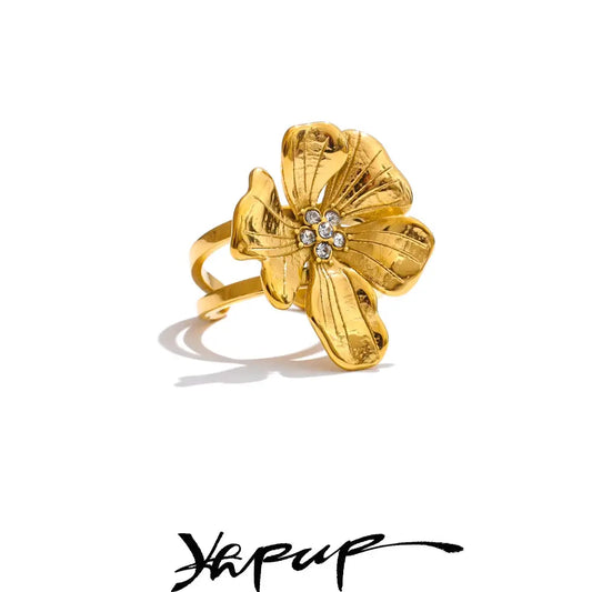 Yhpup Women's Adjustable Golden Flower Ring Rhinestone Stainless Steel Big Trending Finger Jewelry Accessories Gift by All Mart Bristol Ltd