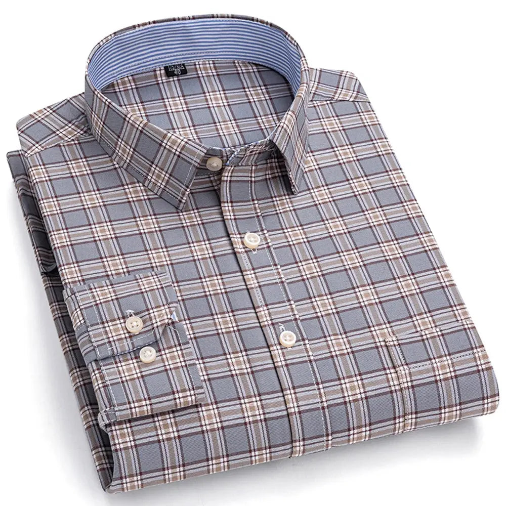 Men's Trendy Plaid Striped Lapel Collar Design Cotton Dress Shirts, Long Sleeve Casual Button Up Commuter Shirt For Spring/Fall by All Mart Bristol Ltd