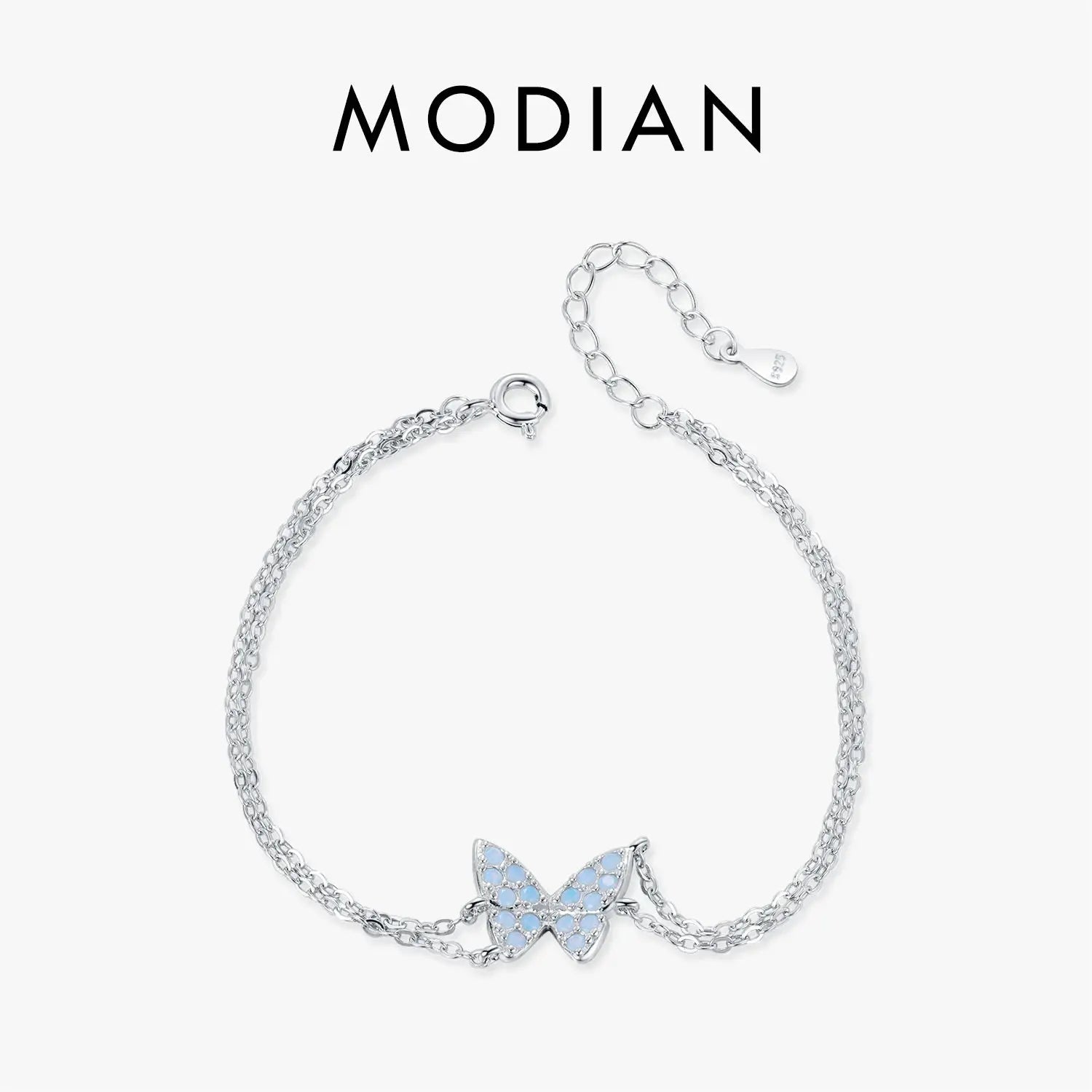 MODIAN Sweet Blue Opal Butterfly Bracelet 925 Sterling Silver Fashion Double Layer Link Chain Bracelets For Women Fine Jewelry by All Mart Bristol Ltd