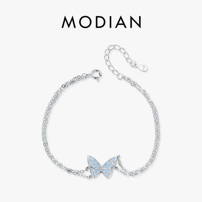 MODIAN Sweet Blue Opal Butterfly Bracelet 925 Sterling Silver Fashion Double Layer Link Chain Bracelets For Women Fine Jewelry by All Mart Bristol Ltd