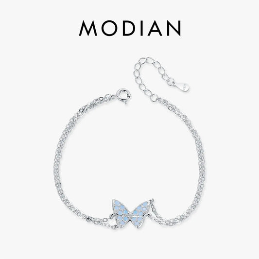 MODIAN Sweet Blue Opal Butterfly Bracelet 925 Sterling Silver Fashion Double Layer Link Chain Bracelets For Women Fine Jewelry by All Mart Bristol Ltd