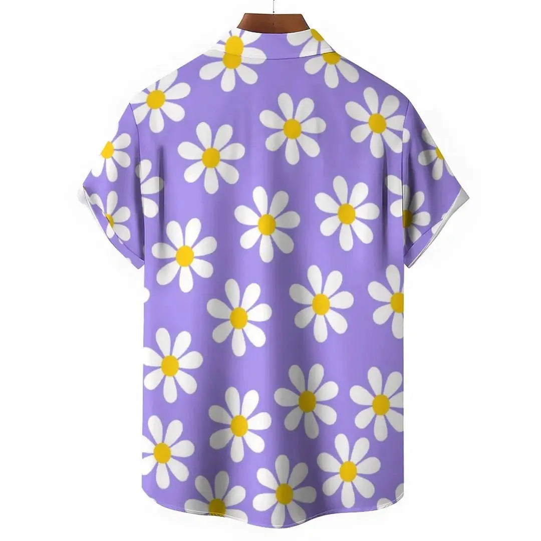 Floral Daisy Casual Men's Shirt Daily Out Summer Lapel Short Sleeve Purple Orange Flower Shirt Hawaii Shirt Casual Clothing by All Mart Bristol Ltd