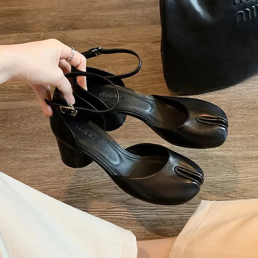 Modern Heels Pumps Women Round High Heel Leather Square Split Toe Pumps Shoes Spring Summer Sandals Mary Janes Shoes Heels Women by All Mart Bristol Ltd