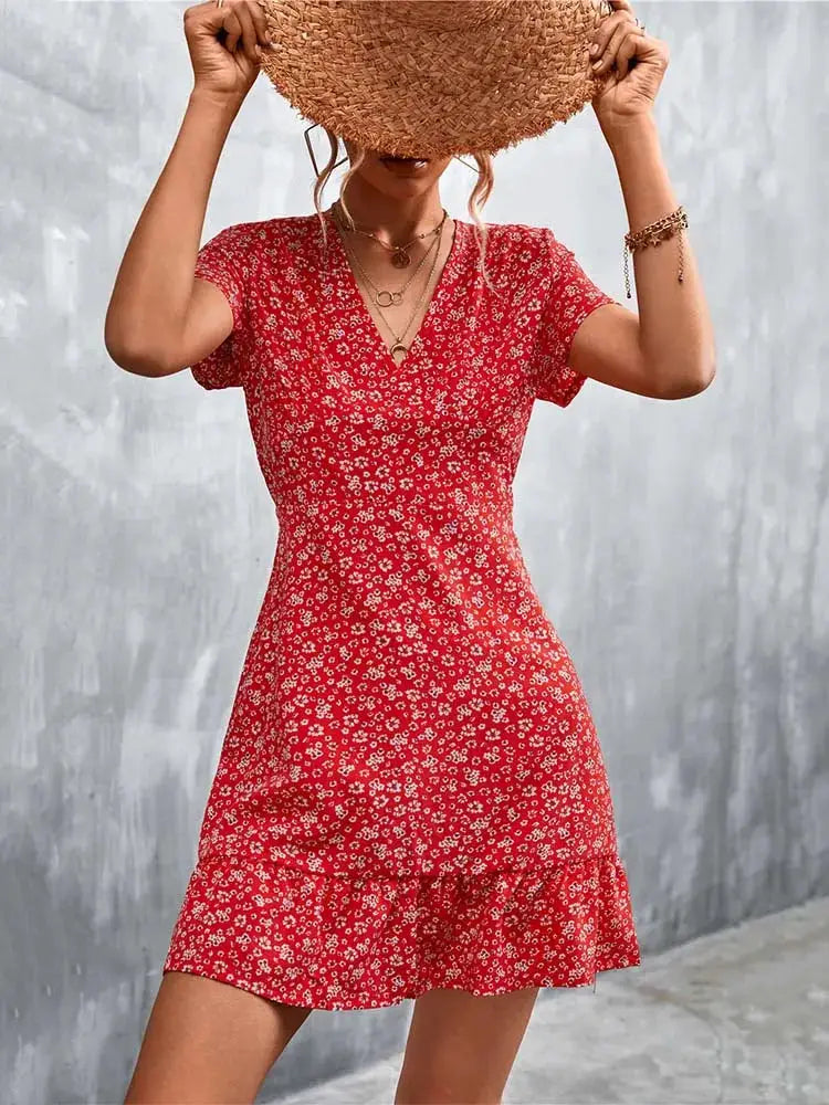 Summer Short Boho Dress Women V Neck Print Floral Party Dress Ladies Bohemian Flower Mini Dress For Women by All Mart Bristol Ltd
