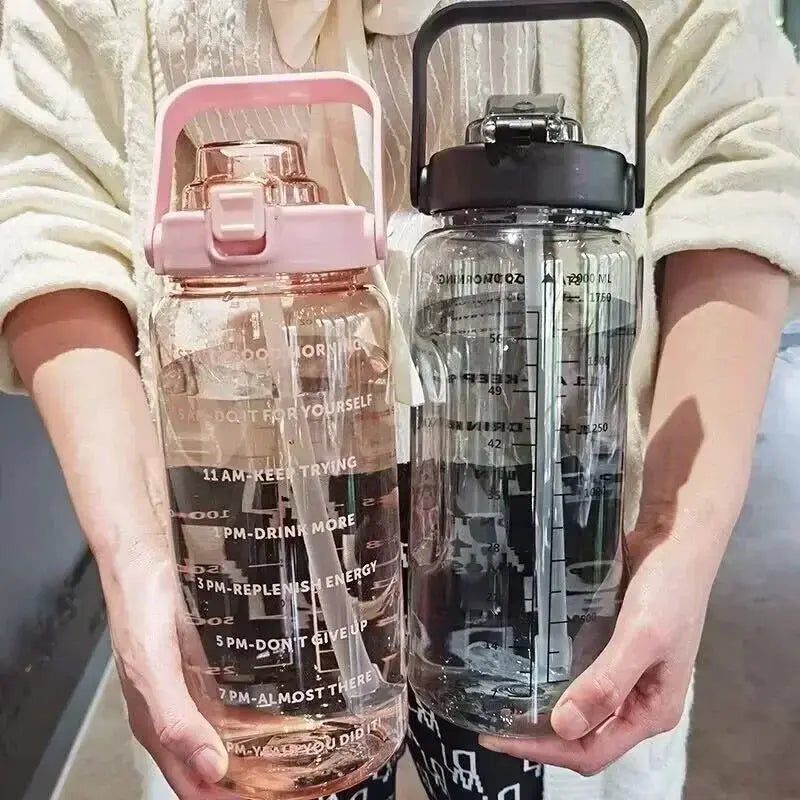2L Water Bottle Portable Straw Plastic Water Cup for Outdoor Sports Fitness Adult High Value Big Fat Cup with Time Marker by All Mart Bristol Ltd