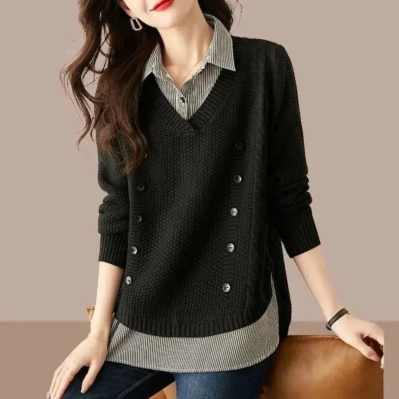 2026 New Autumn Women Sweater Pullover Splice Shirt Collar Long Sleeve Fake Two Pieces Knit Sweater Female Tops Bottoming Shirt by All Mart Bristol Ltd