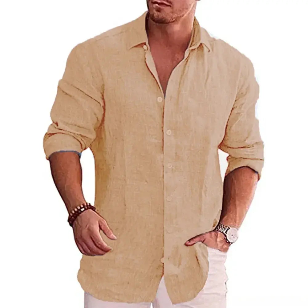 New men's cotton linen autumn hot long-sleeved shirt solid colour versatile casual resort style men's shirt tops by All Mart Bristol Ltd