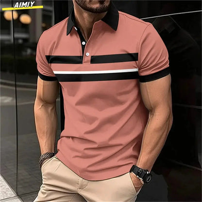 New Male Golf Stripe Polo Men's Casual Short-Sleeved Polo Shirt Solid Color Lapel Fashion Business Sports Breathable T-Shirt Top by All Mart Bristol Ltd