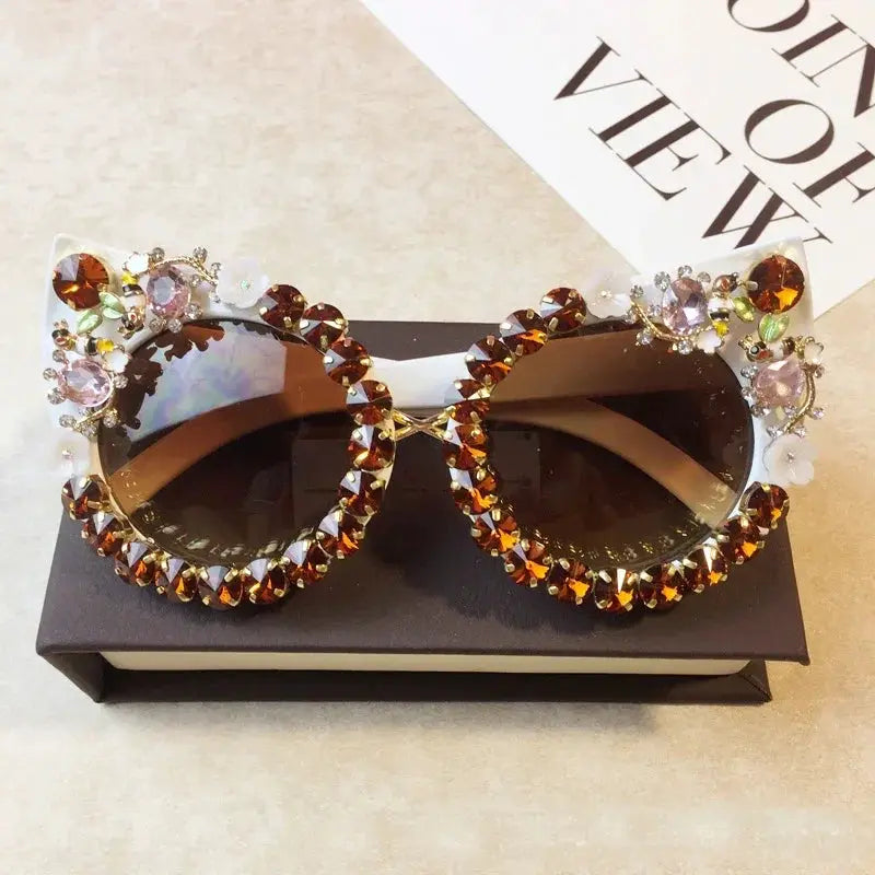 Brand Design Handmade Rhinestone Cat Eye Sunglasses Fashion Glasses Women Flower with Pearl Round Vintage Sunglasses Beach Party by All Mart Bristol Ltd