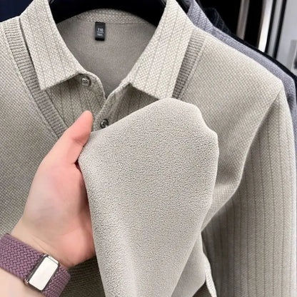 Mens Sweater Polo Collar Label Patchwork Stripes Plush Wool Liner Knitted Thickened Sweater Brand Luxury Print Thermo Menswear by All Mart Bristol Ltd