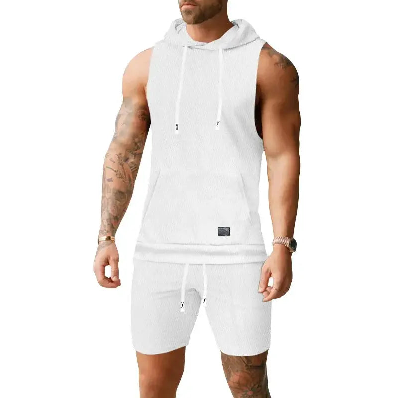 Men Casual 2 Piece Set Fashion Jacquard Knitted T-shirt Hooded Sleeveless Vest Elastic Waist Shorts Jogging Fitness Apparel by All Mart Bristol Ltd