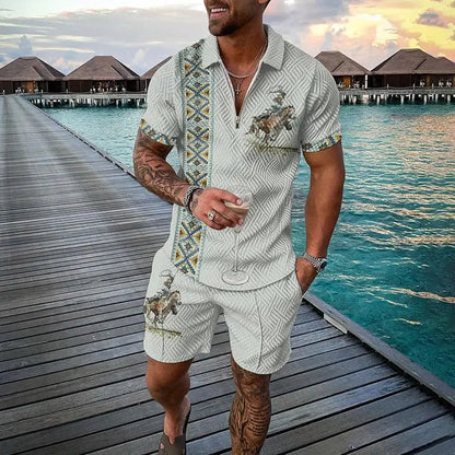 Vintage Men's Suit Zipper Polo Shirt Shorts Pants 2 Piece Set Coconut Tree Animal 3D Print Casual Men Tracksuit Ropa Barata by All Mart Bristol Ltd