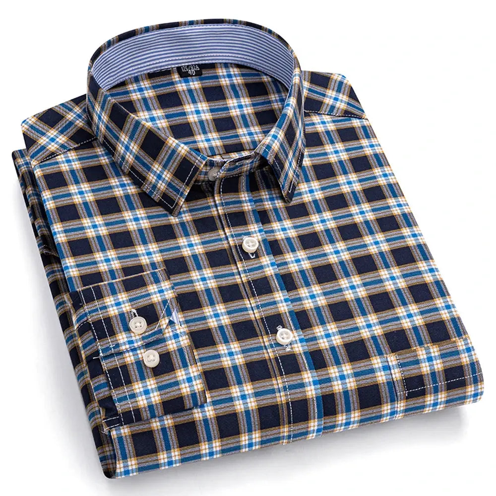 Men's Trendy Plaid Striped Lapel Collar Design Cotton Dress Shirts, Long Sleeve Casual Button Up Commuter Shirt For Spring/Fall by All Mart Bristol Ltd