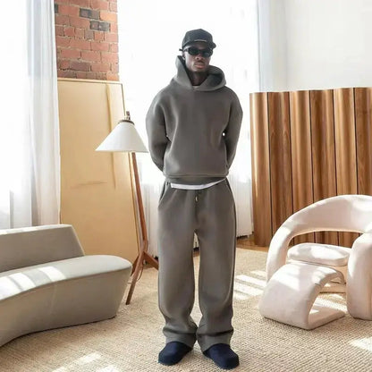 American Fashion Solid Color Fleece Oversized Sweatshirt Men's Two-Piece Y2K Harajuku Hip-Hop Gothic Joker Slacks Jogging Pants by All Mart Bristol Ltd