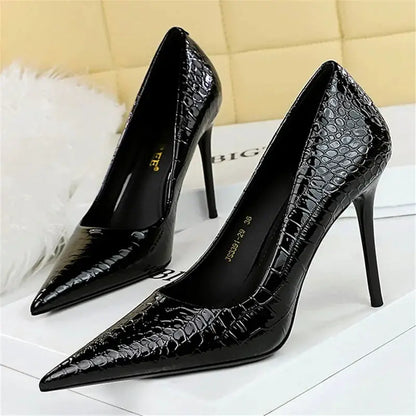 Women 10cm High Heels Stiletto Pumps Pointed Toe Green Nude Heels Office Lady Serpentine Patent Leather Wedding Party Prom Shoes by All Mart Bristol Ltd