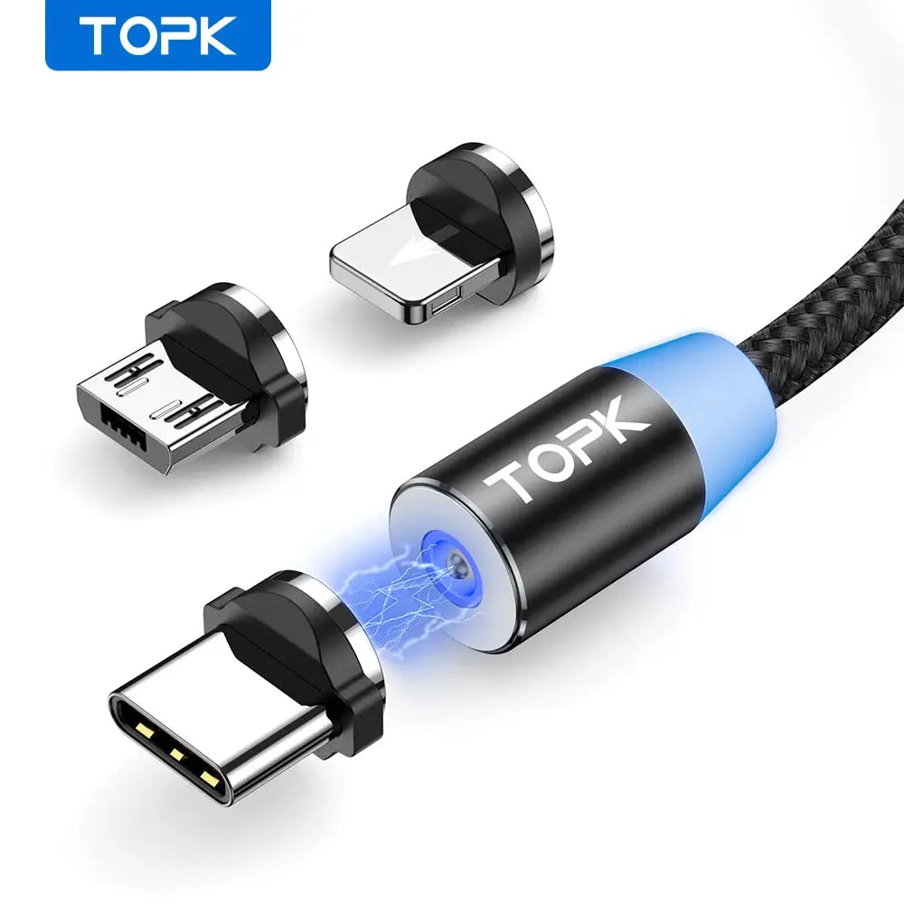 Magnetic Charging Cable 3 IN 1 TOPK 360 Degree Rotating Magnetic Phone Charger Cable Nylon Braided Magnetic Micro USB C Cable by All Mart Bristol Ltd