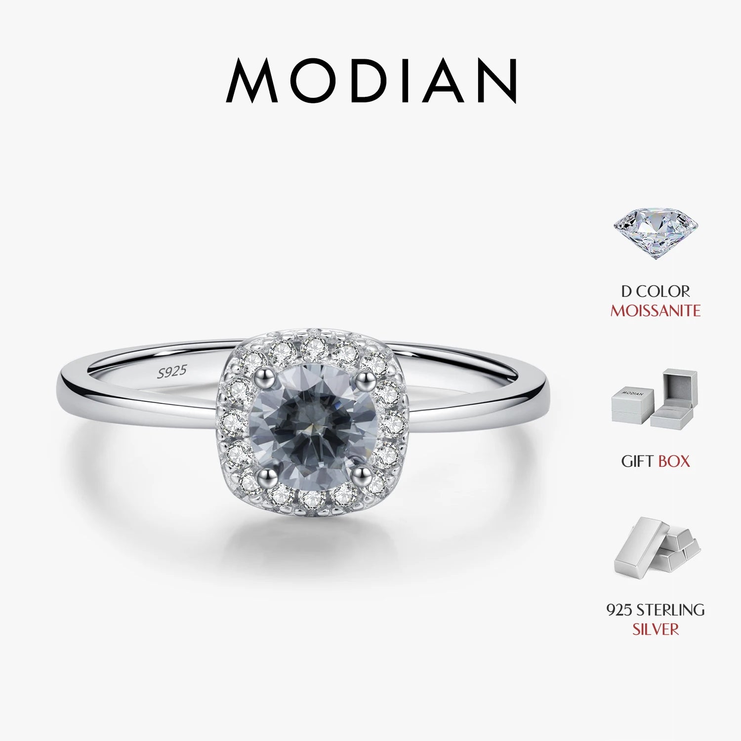 MODIAN D Color Gray Moissanite Rings 925 Sterling Silver Fashion Sparkle Square Halo Ring For Women Wedding Fine Jewelry Gift by All Mart Bristol Ltd