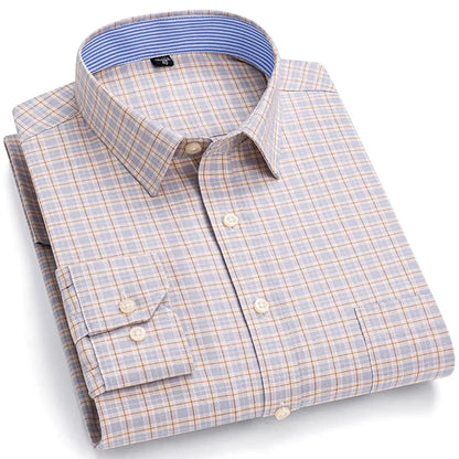 Men's Trendy Plaid Striped Lapel Collar Design Cotton Dress Shirts, Long Sleeve Casual Button Up Commuter Shirt For Spring/Fall by All Mart Bristol Ltd