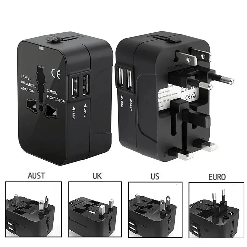 Portable Universal Travel Adapter with 2 USB Ports 2.1A Fast Charger All-in-one Travel Adapter EU/UK/USA/AUS Plug for Travel by All Mart Bristol Ltd