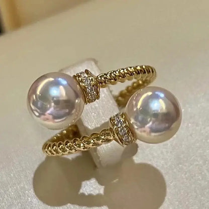 Huitan Temperament Double Imitation Pearl Open Ring Twist Gold Color Band New Fashion Women's Accessories Wedding Jewelry 2023 by All Mart Bristol Ltd
