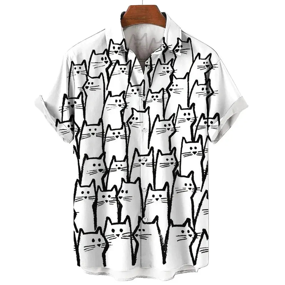 Men's Short Sleeve Shirt Fashion Cartoon Line Cat Pattern Print Top Women's Casual Button Shirt Top by All Mart Bristol Ltd